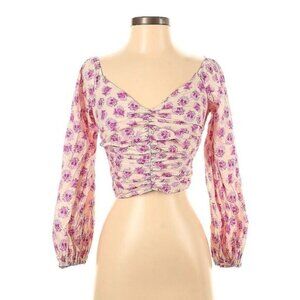 Zara Pink Floral Cropped Blouse Puff Sleeve Medium Womens Off Shoulder Coquette
